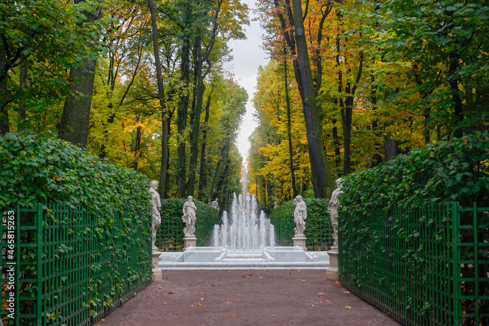 Beautiful autumn summer garden with fountains in St. Petersburg Beautiful autumn summer garden with fountains in St. Petersburg