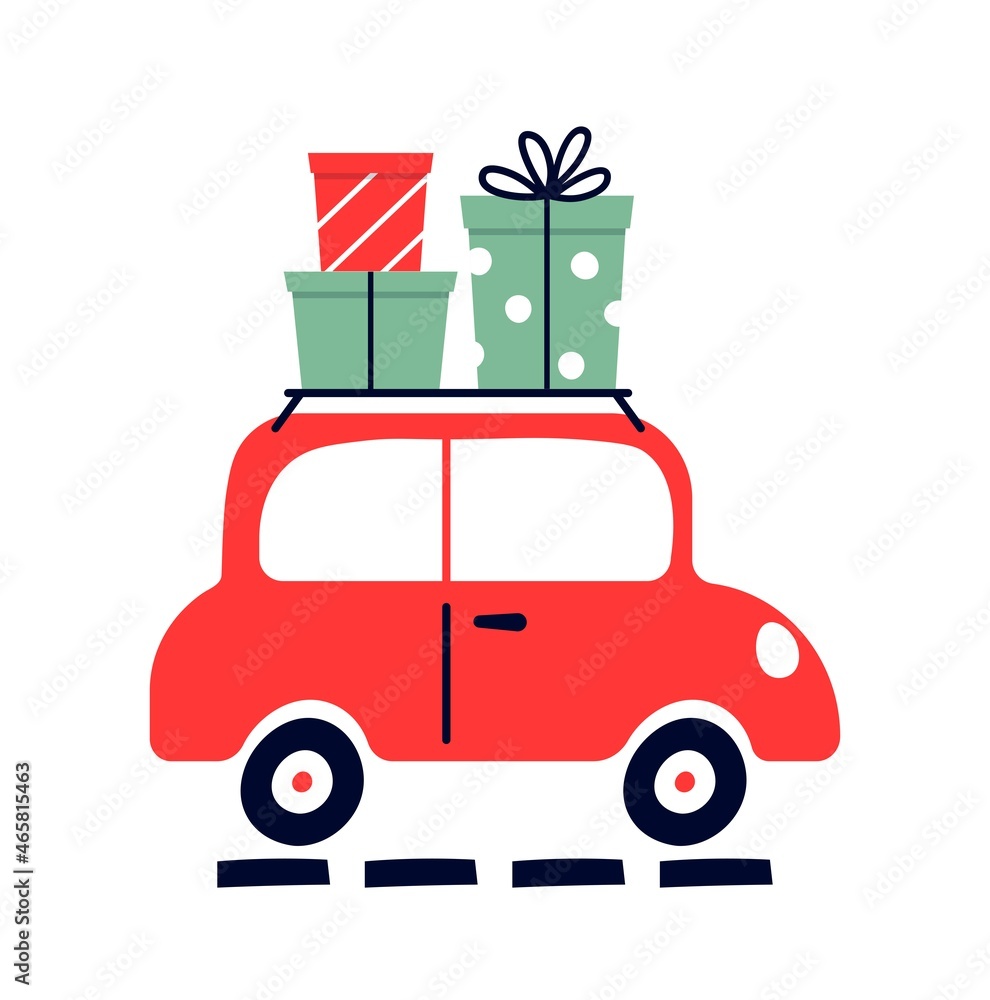 Old fashioned car with gift boxes. A stack of gifts on the roof of the car. Hand drawn holiday vector illustration. Merry christmas and a happy new year. Flat clipart isolated on white background. Old fashioned car with gift boxes. A stack of gifts on the roof of the car. Hand drawn holiday vector illustration. Merry christmas and a happy new year. Flat clipart isolated on white background.