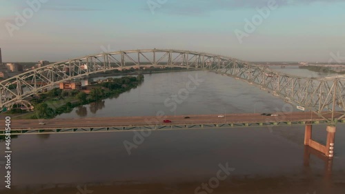 Aerial: Memphis Hernando De Soto Bridge and downtown Memphis at sunset, Tennessee. USA photo