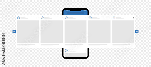 Smartphone with carousel post mockup template. Social network ads post. Carousel interface post.