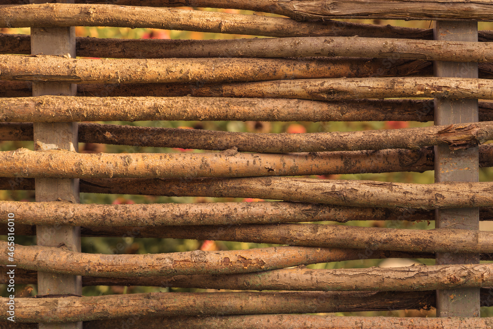 A fence made of wicker branches of a willow tree. A fence made of wicker branches of a willow tree.