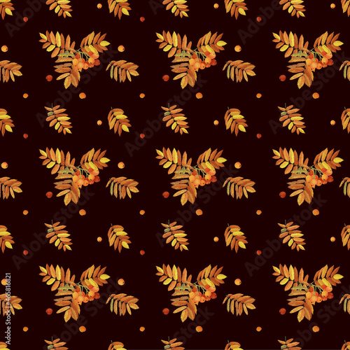 Digital seamless pattern of amazing branches with rowan. Autumn colors, orange berries and yellow leaves on dark isolated background. Clipart for textile, wallpaper, scrapbooking design.