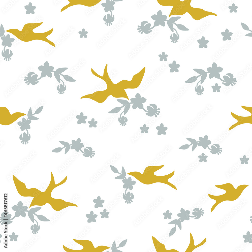 Seamless pattern. Simple gray flowers with yellow birds with twigs. Beautiful wallpaper or fabric, packaging Seamless pattern. Simple gray flowers with yellow birds with twigs. Beautiful wallpaper or fabric, packaging