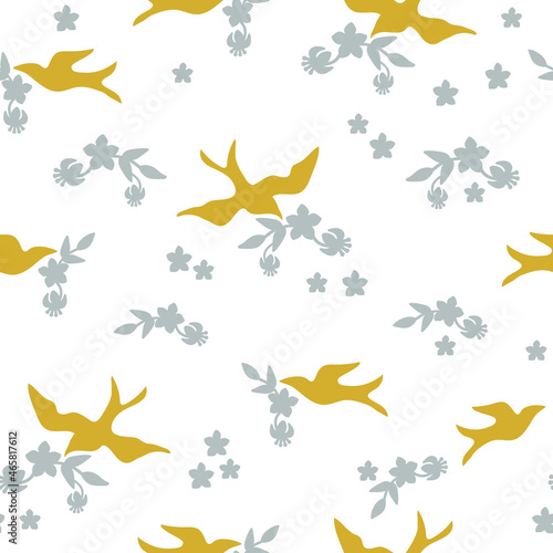 Seamless pattern. Simple gray flowers with yellow birds with twigs. Beautiful wallpaper or fabric, packaging © Larisa