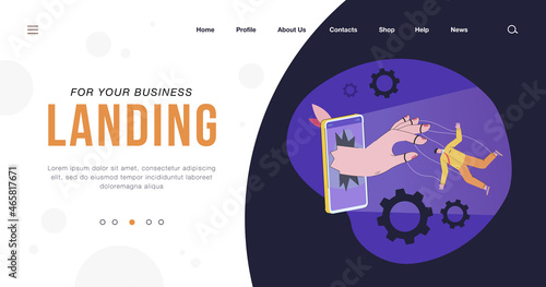 Man controlled by phone as puppet. Internet or news controlling person flat vector illustration. Social media, propaganda, technology dependency concept for banner, website design or landing web page