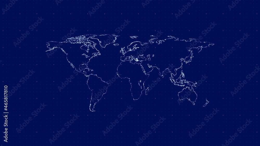 Contours of the world map on a blue background with a grid of points. 3d illustration