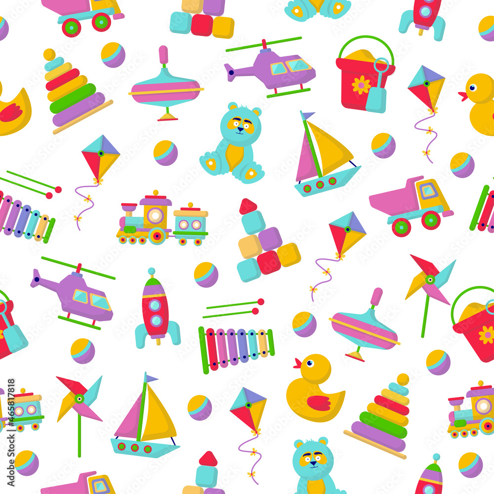 Seamless pattern with toys for children on a white background. Illustration, toy. Seamless pattern with toys for children on a white background. Illustration, toy.