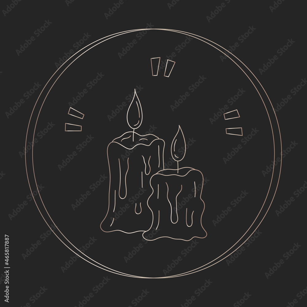Mystic boho ritual candles symbol. Hand drawn golden gradient candles element. silhouette icon in doodle aesthetics design. Esoteric icon in circle on black background. Vector magic candles. Mystic boho ritual candles symbol. Hand drawn golden gradient candles element. silhouette icon in doodle aesthetics design. Esoteric icon in circle on black background. Vector magic candles.