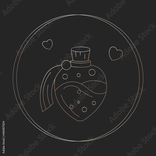 Mystic boho love elixir symbol. Hand drawn golden gradient love spell element. divination icon in doodle aesthetics design. Esoteric icon in circle on black background. Vector magic potion of love.