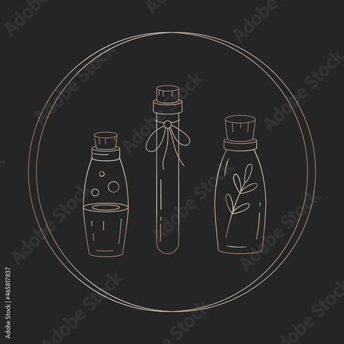 Mystic boho elixir symbol. Hand drawn golden gradient ritual element. Mystic icon in doodle aesthetics design. Esoteric icon in circle on black background. Vector magic potion.