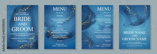 Modern watercolor background or elegant card design for birthday invite or wedding or menu with abstract navy blue ink waves and golden splashes.