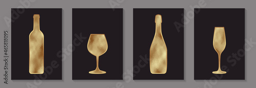 Set of luxury wine bottles and glasses with golden foil on a black background.