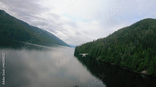 View from airplane on the flying floatplane over the lake. Alaska