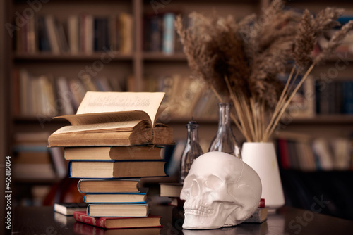 Books  with gypseous skull on table. Bookshelf background