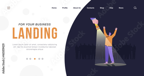 Happy man standing under spotlight. Businessman standing out from crowd, chosen candidate flat vector illustration. Success, job, promotion concept for banner, website design or landing web page