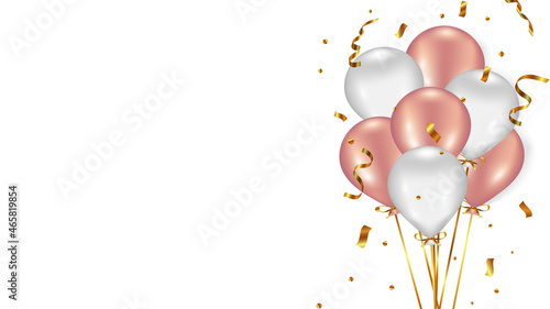 Festive vector background with white and pink balloons and golden serpentine.
