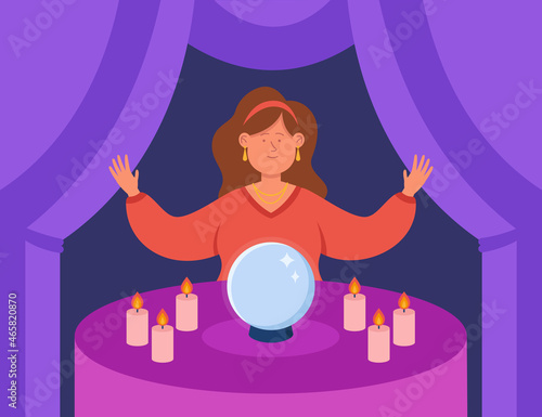 Mystery fortune seer with crystal ball and candles on table. Cartoon female fortuneteller or wizard predicting future flat vector illustration. Fate, magic, astrology, fantasy concept for banner