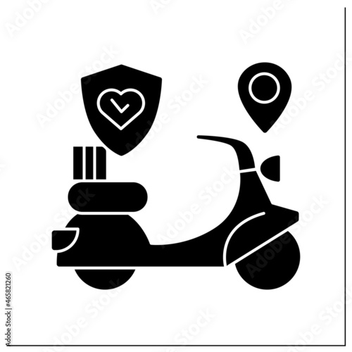 Scooter delivery glyph icon. Courier scooter with corona virus stop and location. Safe and fast food order service in covid pandemic.Filled flat sign. Isolated silhouette vector illustration