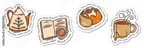 Colorful hand-drawn harvest stickers set with teapot, book, cinnamon bun and a cap of tea in doodle style isolated on white background. Cute vector collection for seasonal decoration.