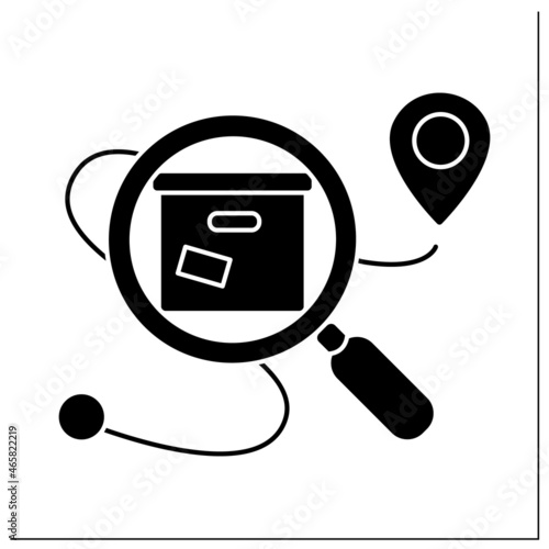 Delivery tracking glyph icon.Parcel location under magnifier. Concept for safe expedited goods, online shopping and retail logistics.Filled flat sign. Isolated silhouette vector illustration