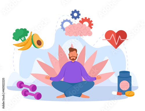 Person practicing yoga, mental and body wellness. Healing male character from stress with zen exercises, medication and diet flat vector illustration. Healthy lifestyle, alternative treatment concept