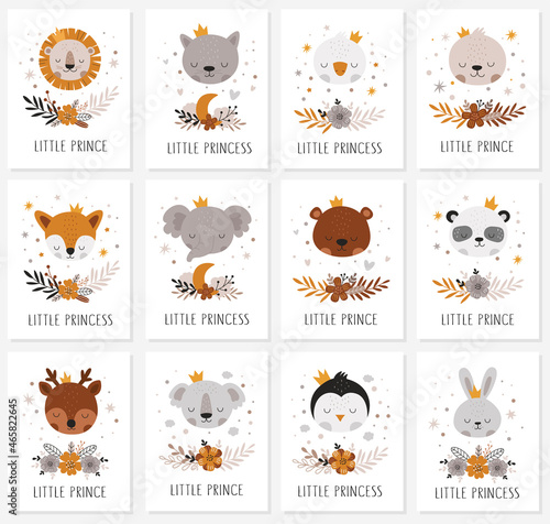 Vector hand drawn postcard collection with animals and branches, decor elements for nursery. Little prince, princess. Perfect for birthday, children's party, clothing prints, greeting cards
