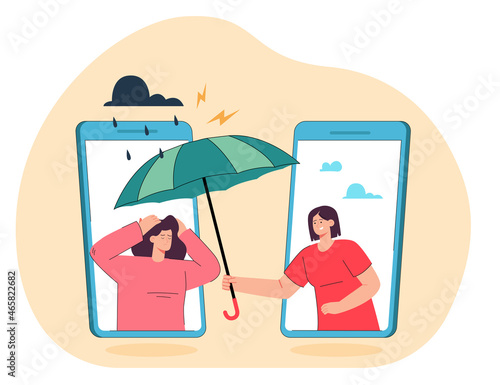 Woman showing empathy to sad friend over the phone. Psychotherapy counselor giving comfort, help to girl in depression flat vector illustration. Mental health care, online psychology therapy concept