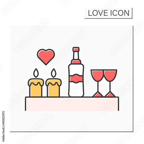 Romantic dinner color icon. Dinner with candles, drink and glasses. Romantic event for beloved person. Love concept. Isolated vector illustration