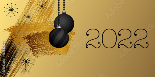 Carte ou bannière pour la nouvelle année 2022 au graphisme abstrait, élégant et artistique, noir et cuivre sur un fond or.