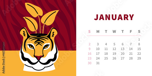Tiger calendar design concept 2022. Tiger head plant pot. Horizontal page template for January. Chinese symbol of the year. Trendy fashion illustration.