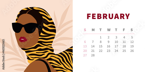 Tiger calendar design concept 2022. Woman in sunglasses and striped tiger shawl. Horizontal page template for February. Chinese symbol of the year. Trendy fashion illustration.