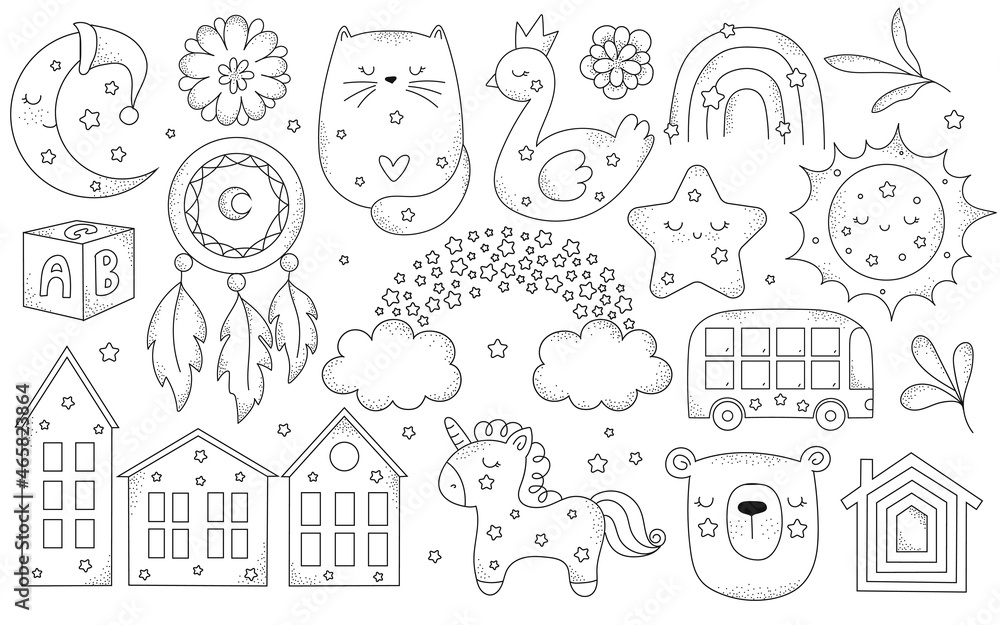 Vector hand drawn doodle collection with houses, animals, decor elements for nursery, rainbow. Line art illustration. Perfect for birthday, children's party, clothing prints, greeting cards Vector hand drawn doodle collection with houses, animals, decor elements for nursery, rainbow. Line art illustration. Perfect for birthday, children's party, clothing prints, greeting cards