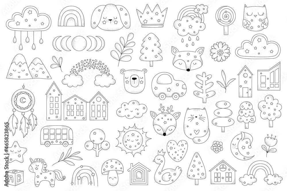 Vector hand drawn doodle collection with houses, animals, decor elements for nursery, rainbow. Line art illustration. Perfect for birthday, children's party, clothing prints, greeting cards