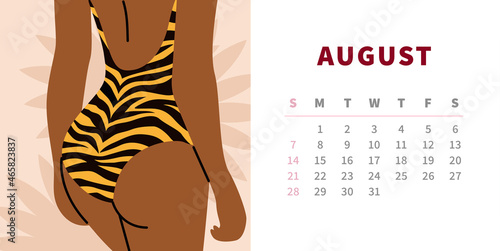 Tiger calendar design concept 2022. Dark female body in striped tiger august. Horizontal page template for september. Chinese symbol of the year. Trendy fashion illustration.