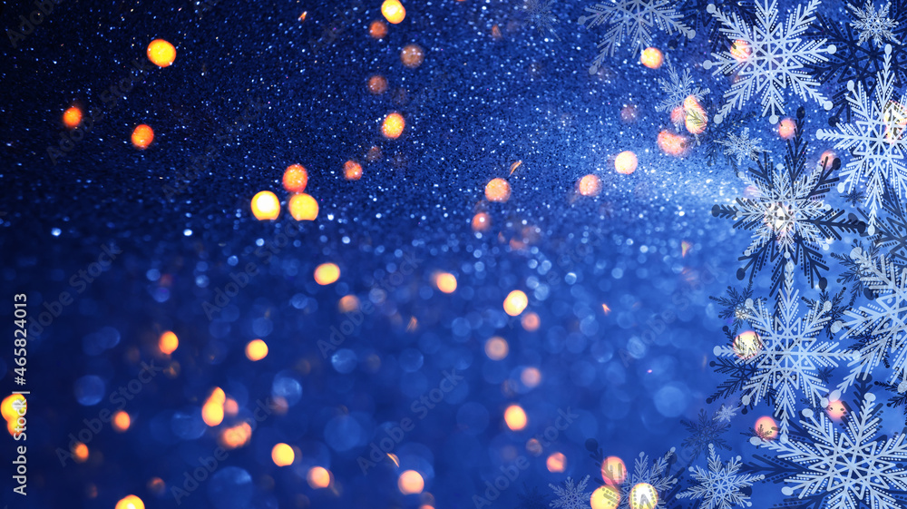 Dark abstract Christmas background. Bright colored blurred lights, bokeh. Neon glow, snowflakes.