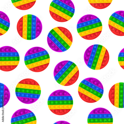 Seamless pattern on a white background. A toy in the shape of a circle. Handmade toy in rainbow colors. Pop it, Simple Dimple.
Описание (на английском языке)