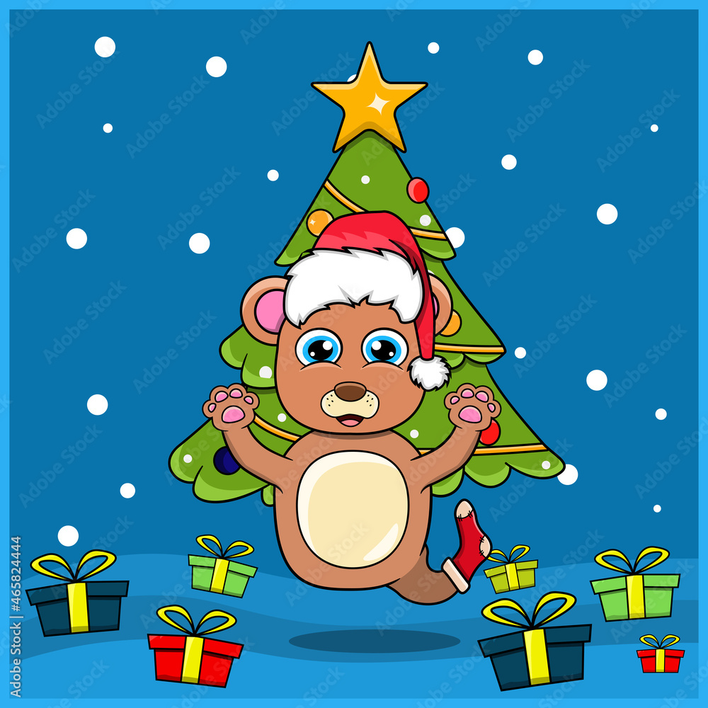 Cute Animal Christmas With Bear Character Design, Wearing Sock And Hat Christmas. Woodland Background. Perfect For Background, Greeting Card, Label and Icon. Cute Animal Christmas With Bear Character Design, Wearing Sock And Hat Christmas. Woodland Background. Perfect For Background, Greeting Card, Label and Icon.