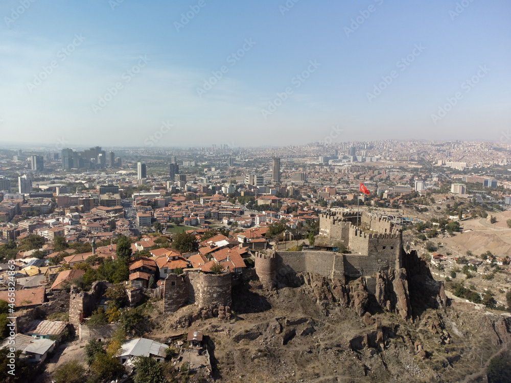 Fototapeta premium Aerial view on ancient Ankara fortress with Turkish flag