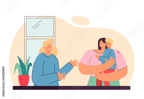 LGBT family from two lesbians adopting child. Homosexual female character holding boy in hands flat vector illustration. Adoption, childcare concept for banner, website design or landing web page