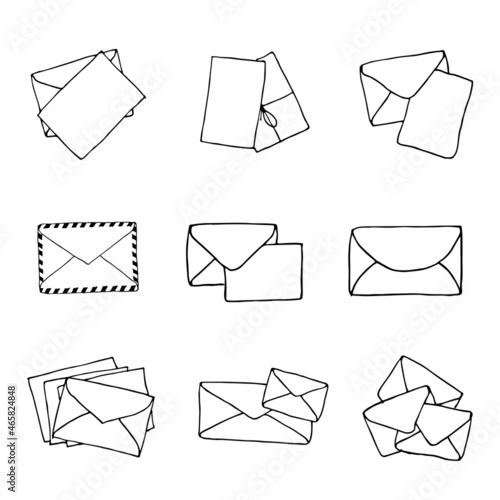 Mail icons collection, closed envelopes, email symbol. Sketch letter set. Hand drawn doodle cartoon style. Vector drawing illustration. Letter icon. Closed outline envelope
