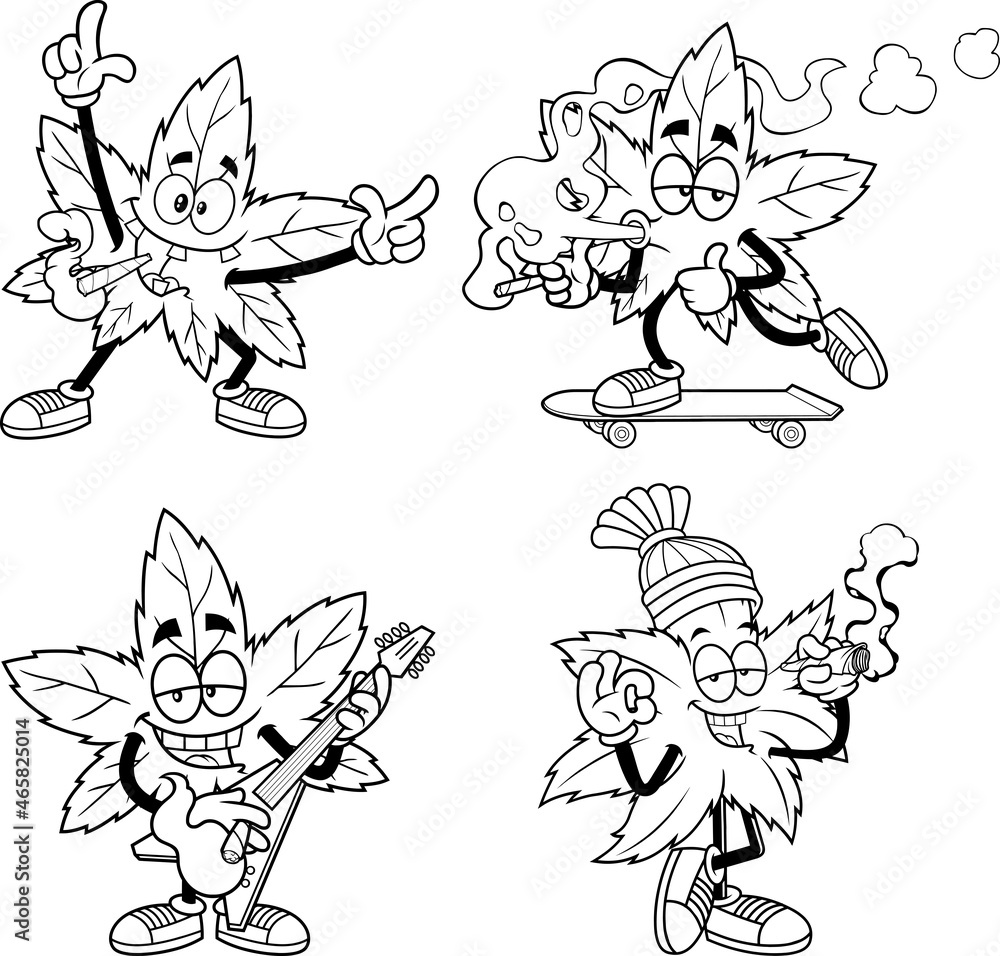 Outlined Marijuana Leaf Cartoon Characters. Vector Hand Drawn Collection Set Isolated On White Background Outlined Marijuana Leaf Cartoon Characters. Vector Hand Drawn Collection Set Isolated On White Background