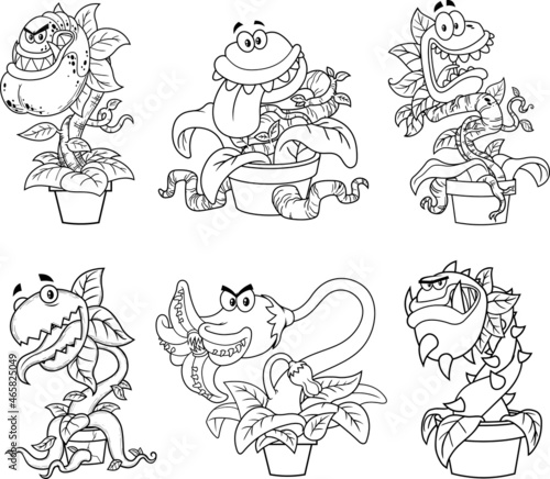 Outlined Evil Carnivorous Plants Cartoon Characters. Vector Hand Drawn Collection Set Isolated On White Background