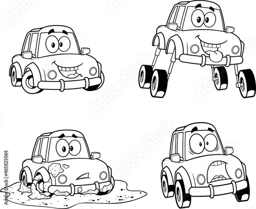 Outlined Car Cartoon Character Poses. Vector Hand Drawn Collection Set Isolated On White Background