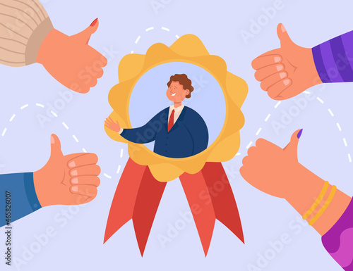 Hands of colleagues giving thumbs up to best employee. Popular business person with outstanding work results getting recognition flat vector illustration. Success, human resources, reputation concept
