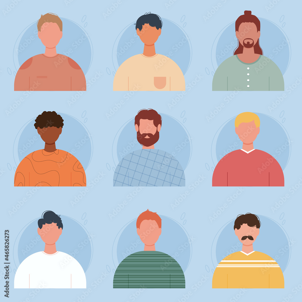 Male portraits. Abstract man avatar profile picture icons set. Multi-ethnic people faceless bust concept with different color clothes, hairstyles, moustache and beards. Boy head silhouette. Male portraits. Abstract man avatar profile picture icons set. Multi-ethnic people faceless bust concept with different color clothes, hairstyles, moustache and beards. Boy head silhouette.