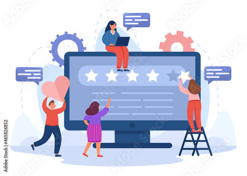 Team of analysts working on brand reputation in social media. Tiny male and female managers holding ranking star and heart flat vector illustration. Insight in analytics, seo management concept photo