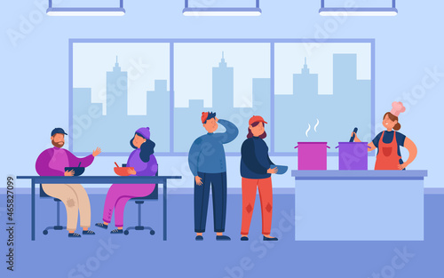 Refectory interior and girl cooking for poor people. Homeless cartoon men and women eating food in night shelter flat vector illustration. Poverty  support concept for banner or landing web page