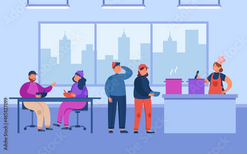 Refectory interior and girl cooking for poor people. Homeless cartoon men and women eating food in night shelter flat vector illustration. Poverty, support concept for banner or landing web page