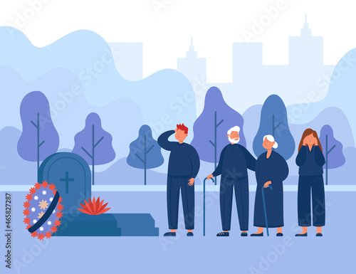Upset family standing at the tombstone in the graveyard. Cartoon people in black mourning clothes at headstone flat vector illustration. Funeral, death concept for banner or landing web page