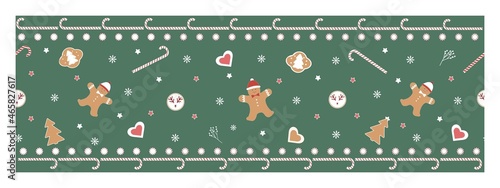 Seamless vector Christmas border, ribbon on a green background. Fabulous festive texture with funny gingerbread, gingerbread man, sweets, sweets, gingerbread with a deer. For packaging, décor, paper